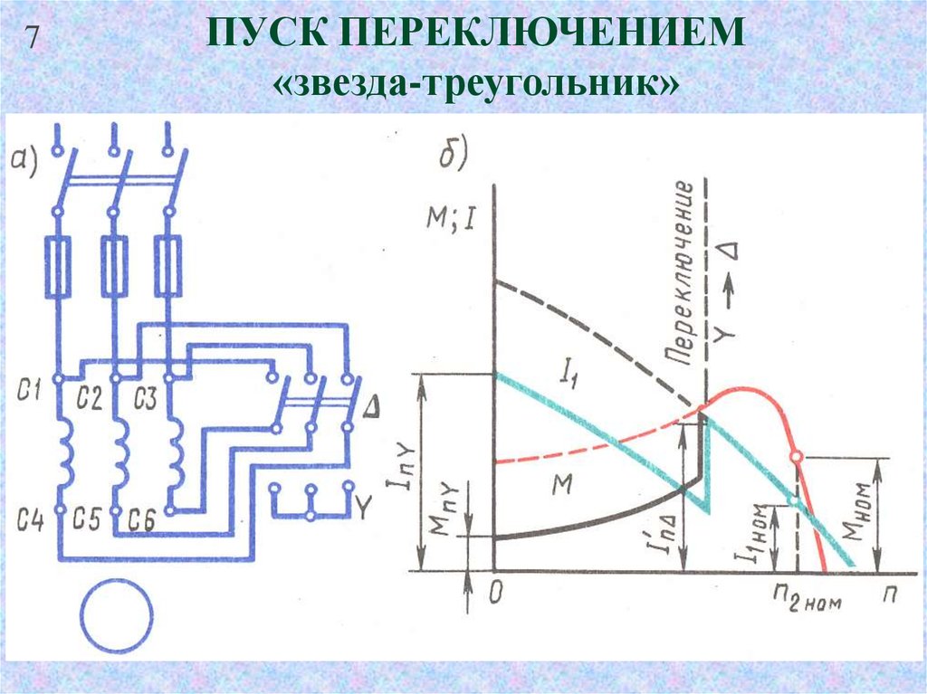 Схема пуска электродвигателя с треугольника на звезду