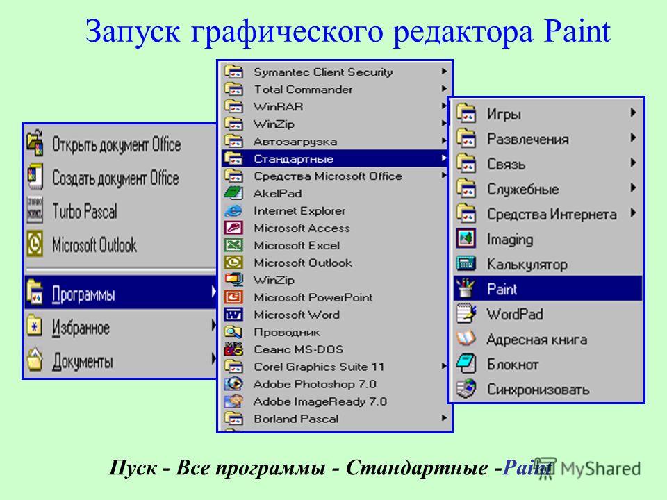 Редактор paint является. Пуск все программы стандартные. Пуск программы стандартные Paint. Запустите графический редактор Paint. Запуск программы Paint.